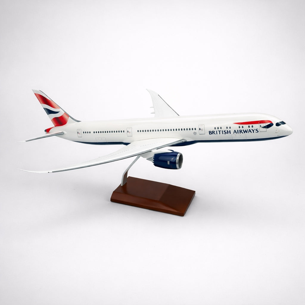 British Airways Boeing 787-9 Dreamliner 1:100 scale fiberglass model on wooden stand - full view