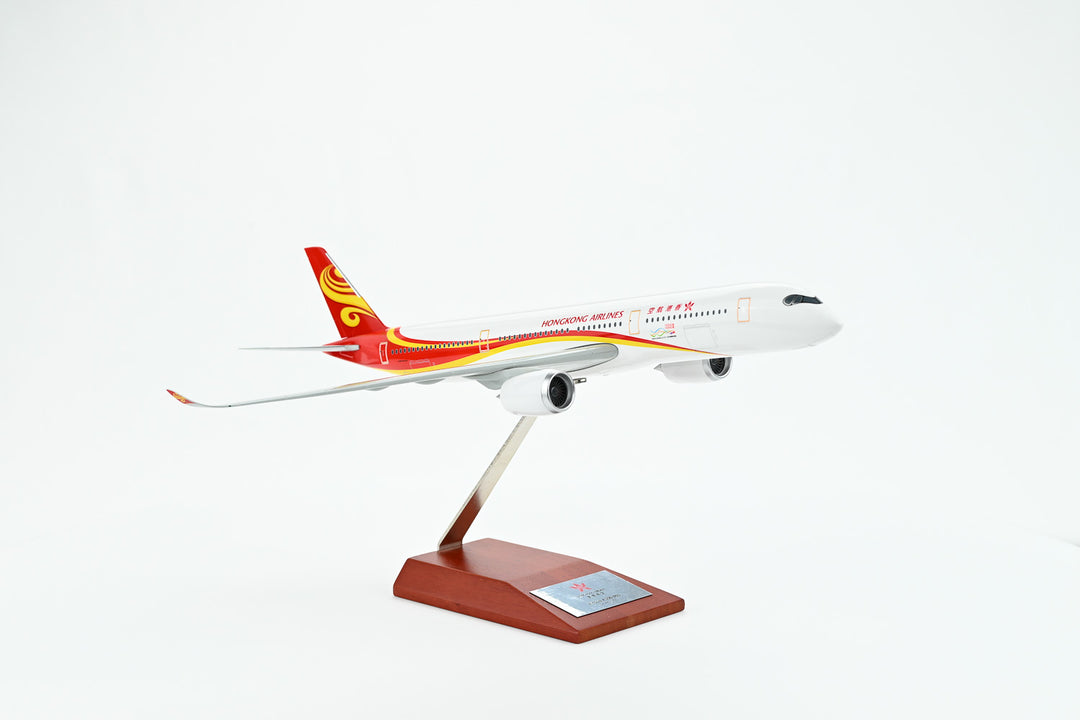Collector's HK Airlines Airbus A350-900 1:200 model displayed on wooden stand