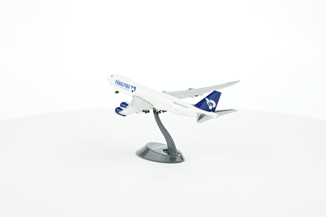 Collectors Panalpina Boeing B747-8F 1:400 model displayed on plastic stand airplane
