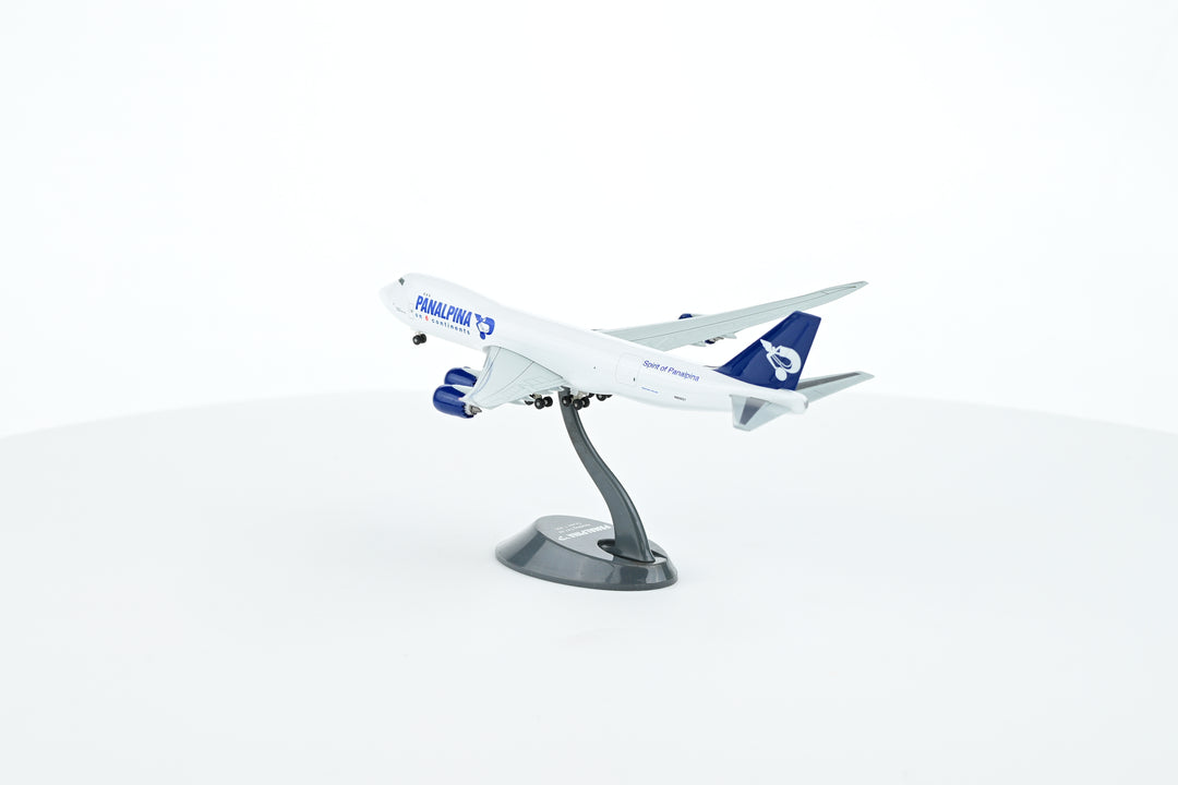 Collectors Panalpina Boeing B747-8F 1:400 model displayed on plastic stand